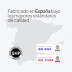 Mapa de España y sellos GMP, ISO 9001 e ISO 22000 mostrados en la información de fabricación de Dive Dreamer.
