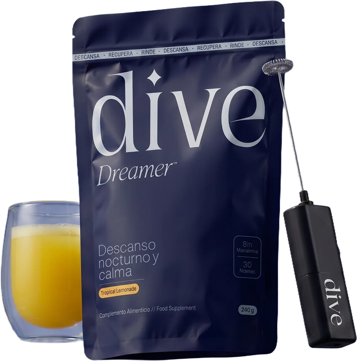 Dive Dreamer con un vaso de Tropical Lemonade y el espumador Dive Mixer